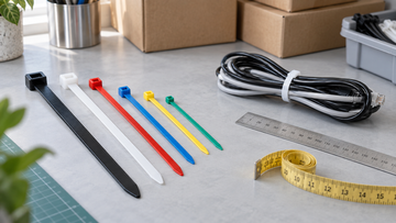 Black, white and coloured cable ties beside a ruler, measuring tape and bundled cables on a workshop bench