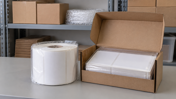 Protected blank label roll and wrapped label stack in an open carton on an indoor packing bench