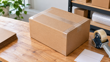 Brown corrugated shipping box sealed with clear tape in an H pattern on a packing bench