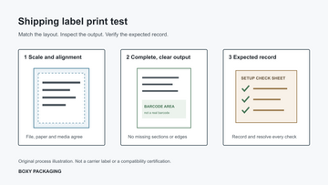 Original three-step process diagram for checking shipping label scale, complete output and the expected record