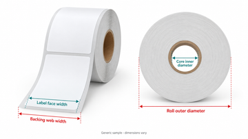 Generic adhesive label roll diagram showing label face width, backing web width, core inner diameter and roll outer diameter