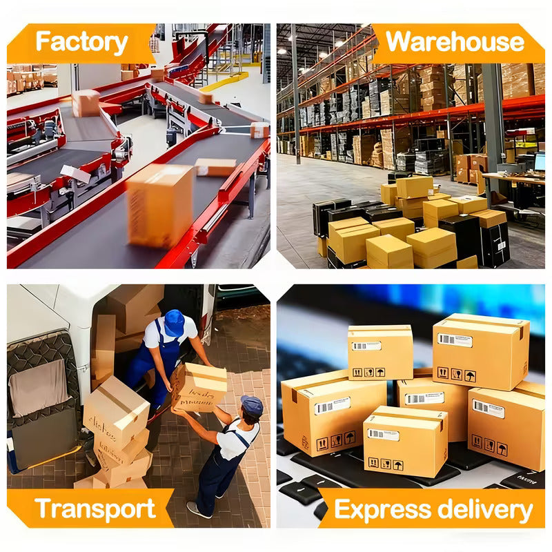 Industrial shipping and logistics scenes showing cardboard boxes on factory