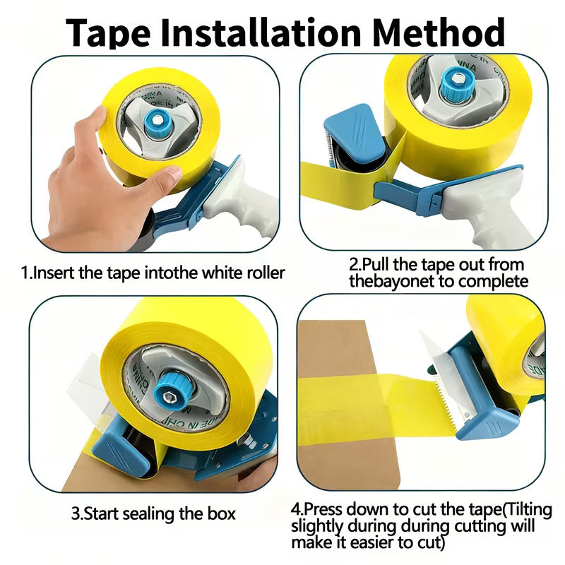 Four-step infographic guide on how to load a packing tape dispenser: insert tape roll, pull through roller, seal box, and tilt to cut.