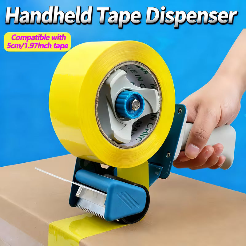 close-up of a warehouse worker using a manual tape dispenser