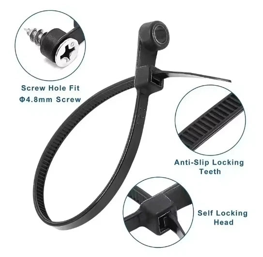 Mountable Nylon Cable Tie 200mm x 4.8mm – Black (Pack of 100)
