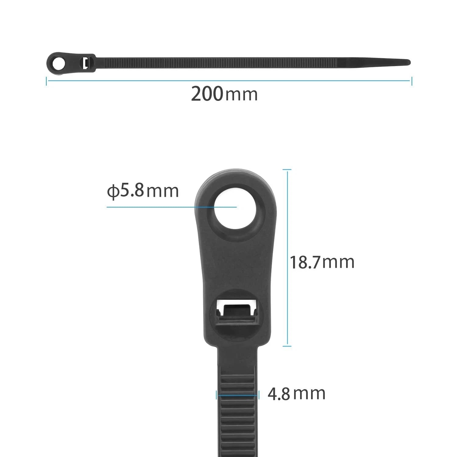 Mountable Nylon Cable Tie 200mm x 4.8mm – Black (Pack of 100)